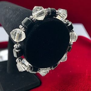 Black, Clear Chunky Beaded & Silver Spacers 3 Inch Stretchy Bracelet!